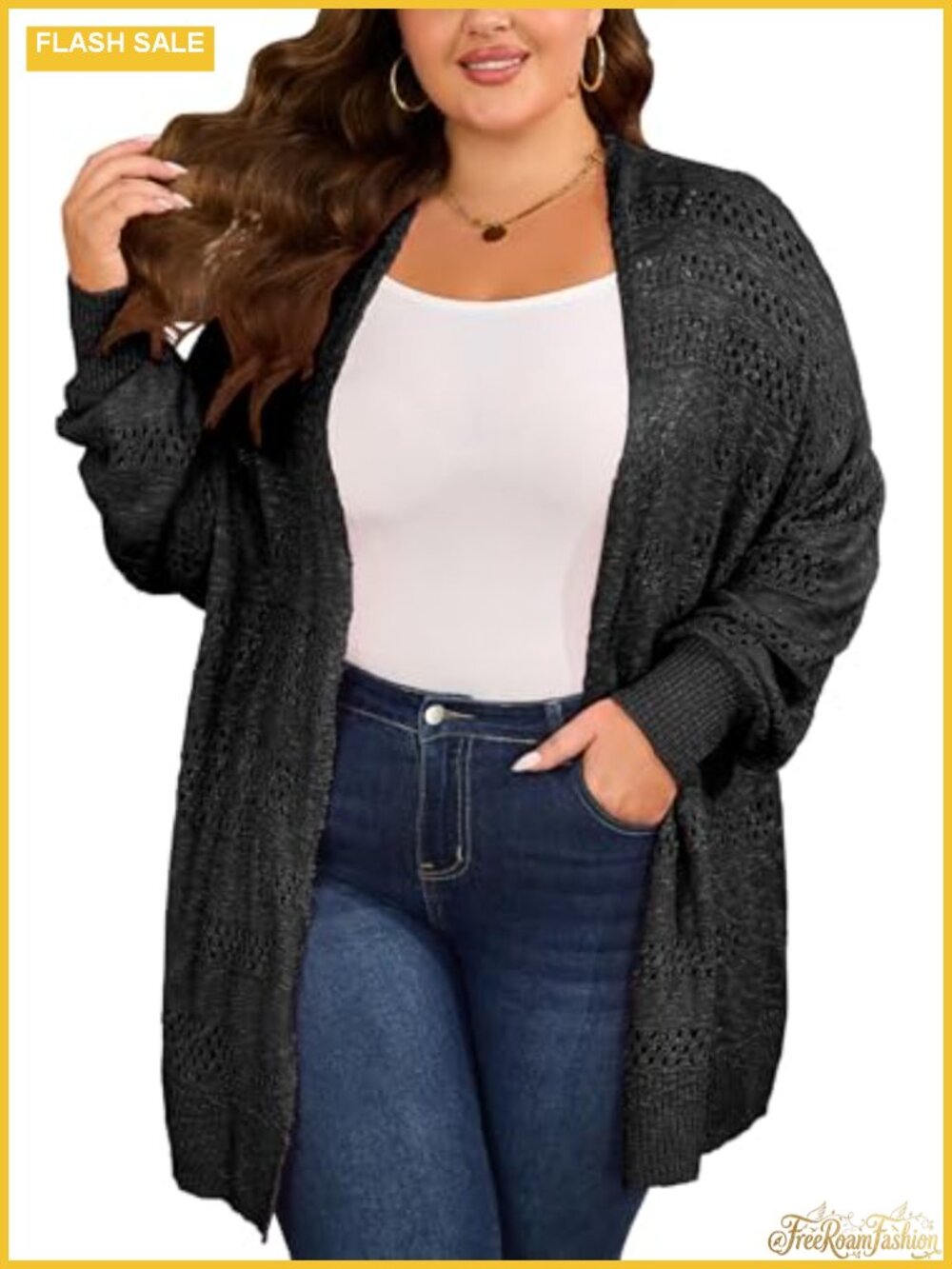 Plus Size Lightweight Crochet Knit Cardigan Open Front Batwing Sleeve Boho
